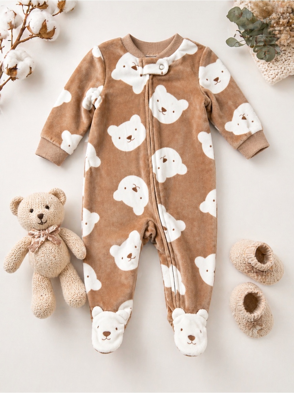 Carter’s 3M Baby Boy Fleece Footed Pajamas Bear Print Zip Sleeper Brown Cozy NWT